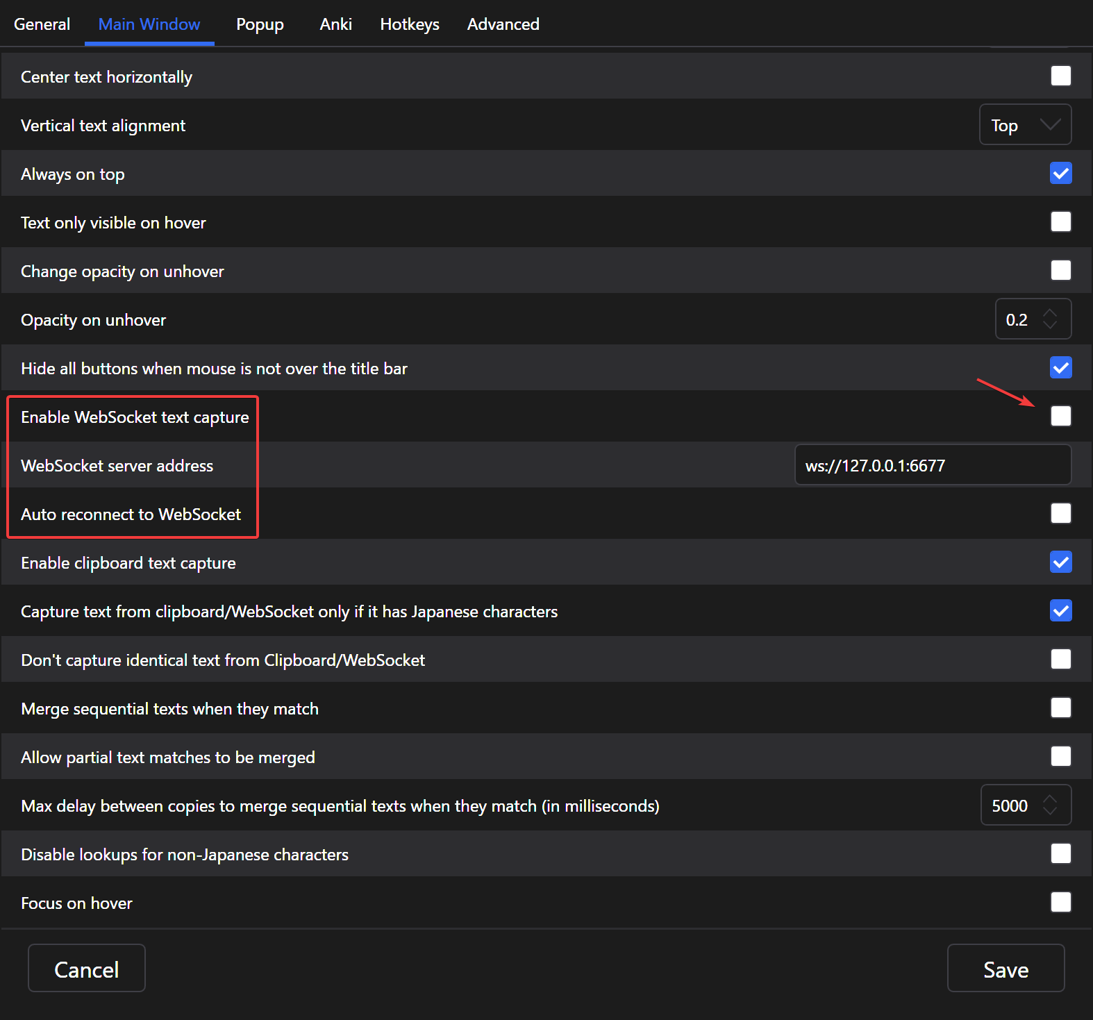 Websocket settings